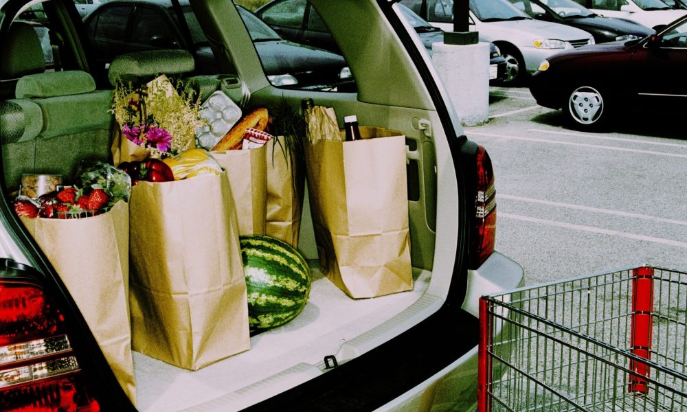 Groceries in back of car, parked in parking lot (Cross Processed)