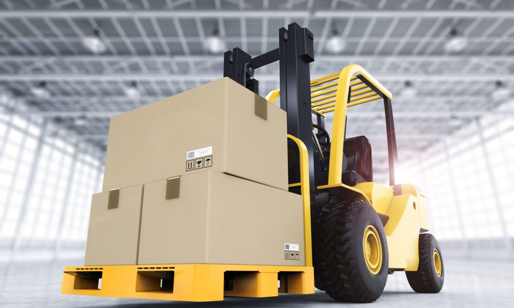 3d rendering forklift truck with cardboard boxes in factory